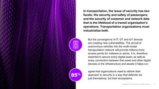 In transportation, the issue of security has two
facets: the security and safety of passengers;
and the security of customer and network data
that is the lifeblood of a transit organization’s
operations. Transportation organizations must
industrialize both.
But the convergence of IT, OT and IoT devices
are creating new vulnerabilities. The arrival of
autonomous vehicles into the multi-modal
transportation network will provide millions more
access points for malware or worse. It is, therefore,
essential to secure every digital asset, as well as
every connection between that asset and other digital
devices or the infrastructure and assets it helps run.
agree that organizations need to rethink their
approach to security in a way that defends not
just themselves, but their ecosystems.
85%
 
