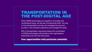 TRANSPORTATION IN
THE POST-DIGITAL AGE
When DARQ technologies are applied in innovative and
combinatorial ways, we will see a fundamental shift—not only
in how transportation services are managed and secured,
but also in how travelers experience and navigate the world.
68% of transportation executives believe the combination
of DARQ technologies will transform their organizations
extensively over the next three years.
Four opportunities hold particular potential.
 