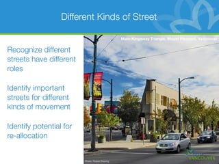 Different Kinds of Street

                                               Main-Kingsway Triangle, Mount Pleasant, Vancouver


Recognize different
streets have different
roles

Identify important
streets for different
kinds of movement

Identify potential for
re-allocation


                         Photo: Robert Kwong
 