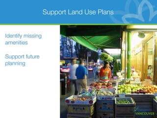 Support Land Use Plans


Identify missing
amenities

Support future
planning
 