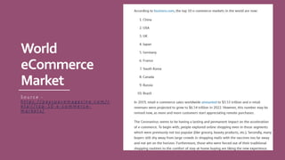 World
eCommerce
Market
S o u r c e -
h t t p s : / / p a y s p a c e m a g a z i n e . c o m / r
e t a i l / t o p - 1 0 - e - c o m m e r c e -
m a r k e t s /
 