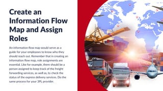 Create an
Information Flow
Map and Assign
Roles
An information flow map would serve as a
guide for your employees to know who they
should reach out. Remember that in creating an
information flow map, role assignments are
essential. Like for example, there should be a
person assigned to keep track of the freight
forwarding services, as well as, to check the
status of the express delivery services. Do the
same process for your 3PL provider.
 