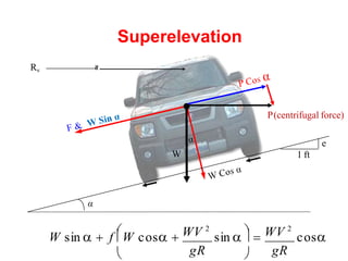 Superelevation
WV 2
WV 2




W sin   f W cos  sin    cos
gR gR
α
W 1 ft
P(centrifugal force)
e
≈
Rv
 