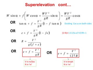 Superelevation cont…
cos
sin   
WV 2
WV 2
gR
gR 


W sin   f W cos 

tan   f  1  f tan  
V 2
g R
1  f e
g R
V 2
e  f 
R 
g  f  e 
V 2
V 2
e  f 
g R
OR
127 R
V 2
e  f 
OR
OR
OR
OR Dividing Cos α on both sides
(1-fe)=1-0.15x.o7=0.99≈ 1
V in kmph
R in ‘m’
V in m/Sec
R in ‘m’
 
