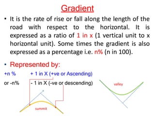 Gradient
• It is the rate of rise or fall along the length of the
road with respect to the horizontal. It is
expressed as a ratio of 1 in x (1 vertical unit to x
horizontal unit). Some times the gradient is also
expressed as a percentage i.e. n% (n in 100).
• Represented by:
+n % + 1 in X (+ve or Ascending)
or -n% - 1 in X (-ve or descending) valley
summit
 