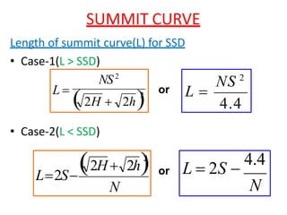 SUMMIT CURVE
Length of summit curve(L) for SSD
• Case-1(L > SSD)
• Case-2(L < SSD)
NS2
L 
 2H  2h
2
N
2H  2h
2
L2S
NS 2
4.4
L 
L  2S 
4.4
N
or
or
 