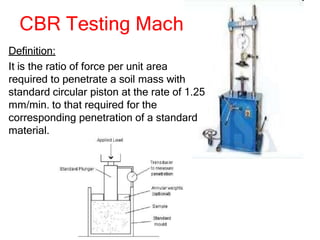 CBR Testing Machine
Definition:
It is the ratio of force per unit area
required to penetrate a soil mass with
standard circular piston at the rate of 1.25
mm/min. to that required for the
corresponding penetration of a standard
material.
 