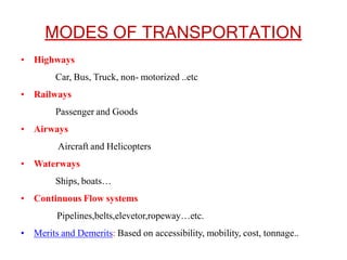 MODES OF TRANSPORTATION
• Highways
Car, Bus, Truck, non- motorized ..etc
• Railways
Passenger and Goods
• Airways
Aircraft and Helicopters
• Waterways
Ships, boats…
• Continuous Flow systems
Pipelines,belts,elevetor,ropeway…etc.
• Merits and Demerits: Based on accessibility, mobility, cost, tonnage..
 