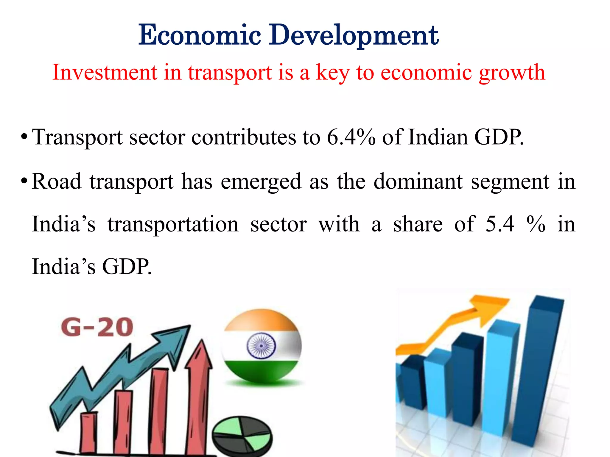 Economic Development
Investment in transport is a key to economic growth
•Transport sector contributes to 6.4% of Indian GDP.
•Road transport has emerged as the dominant segment in
India’s transportation sector with a share of 5.4 % in
India’s GDP.
 