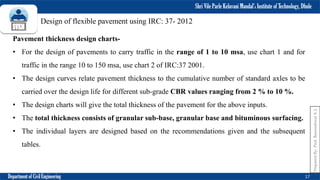 Shri Vile Parle Kelavani Mandal’s Institute of Technology, Dhule
Department of Civil Engineering 17
Prepared
By-
Prof.
Basweshwar
S.
J.
Design of flexible pavement using IRC: 37- 2012
Pavement thickness design charts-
• For the design of pavements to carry traffic in the range of 1 to 10 msa, use chart 1 and for
traffic in the range 10 to 150 msa, use chart 2 of IRC:37 2001.
• The design curves relate pavement thickness to the cumulative number of standard axles to be
carried over the design life for different sub-grade CBR values ranging from 2 % to 10 %.
• The design charts will give the total thickness of the pavement for the above inputs.
• The total thickness consists of granular sub-base, granular base and bituminous surfacing.
• The individual layers are designed based on the recommendations given and the subsequent
tables.
 
