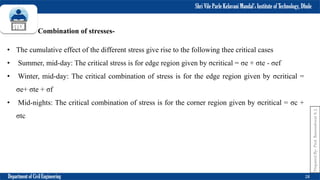 Shri Vile Parle Kelavani Mandal’s Institute of Technology, Dhule
Department of Civil Engineering 28
Combination of stresses-
• The cumulative effect of the different stress give rise to the following thee critical cases
• Summer, mid-day: The critical stress is for edge region given by σcritical = σe + σte - σef
• Winter, mid-day: The critical combination of stress is for the edge region given by σcritical =
σe+ σte + σf
• Mid-nights: The critical combination of stress is for the corner region given by σcritical = σc +
σtc
Prepared
By-
Prof.
Basweshwar
S.
J.
 