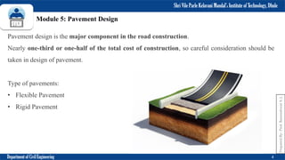Shri Vile Parle Kelavani Mandal’s Institute of Technology, Dhule
Department of Civil Engineering 4
Prepared
By-
Prof.
Basweshwar
S.
J.
Module 5: Pavement Design
Pavement design is the major component in the road construction.
Nearly one-third or one-half of the total cost of construction, so careful consideration should be
taken in design of pavement.
Type of pavements:
• Flexible Pavement
• Rigid Pavement
 