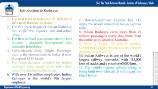Shri Vile Parle Kelavani Mandal’s Institute of Technology, Dhule
Department of Civil Engineering 40
Prepared
By-
Prof.
Basweshwar
S.
J.
Introduction to Railways
1. The first train in India ran on 16th April
1853 from Bombay to Thane.
2. The full track length of Indian Railways
can circle the equator one-and-a-half
times.
3. The first railroad was constructed by two
Indians – Jaganath Shunkerseth and
Jamsetjee Jeejeebhoy.
4. Metupalayam Ooty Nilgiri Passenger
train is the slowest train in India. It runs
at a speed of 10 kmph.
5. The total distance covered by Indian
Railways daily equals three and a half
times the distance to the moon.
6. With over 1.6 million employees, Indian
Railways is the world's 9th largest
employer.
7. Howrah-Amritsar Express has 115
stops, the record maximum for an Express
train.
8. Indian Railways carry more than 25
million passengers every day, more than
the entire population of Australia.
9. With a length of 1366.33 metres,
Gorakhpur in Uttar Pradesh is the longest
platform in the world.
10. Indian Railways is one of the world's
largest railway networks, with 115,000
kms of tracks and a route of 65,000 kms.
11. The world’s highest railway bridge is
being built over Chenab. It will dwarf the
Eiffel Tower.
 
