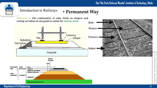 Shri Vile Parle Kelavani Mandal’s Institute of Technology, Dhule
Department of Civil Engineering 42
Prepared
By-
Prof.
Basweshwar
S.
J.
Introduction to Railways • Permanent Way
 