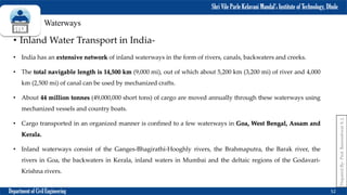Shri Vile Parle Kelavani Mandal’s Institute of Technology, Dhule
Department of Civil Engineering 52
Prepared
By-
Prof.
Basweshwar
S.
J.
Waterways
• Inland Water Transport in India-
• India has an extensive network of inland waterways in the form of rivers, canals, backwaters and creeks.
• The total navigable length is 14,500 km (9,000 mi), out of which about 5,200 km (3,200 mi) of river and 4,000
km (2,500 mi) of canal can be used by mechanized crafts.
• About 44 million tonnes (49,000,000 short tons) of cargo are moved annually through these waterways using
mechanized vessels and country boats.
• Cargo transported in an organized manner is confined to a few waterways in Goa, West Bengal, Assam and
Kerala.
• Inland waterways consist of the Ganges-Bhagirathi-Hooghly rivers, the Brahmaputra, the Barak river, the
rivers in Goa, the backwaters in Kerala, inland waters in Mumbai and the deltaic regions of the Godavari-
Krishna rivers.
 