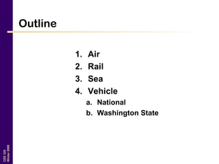 CEE320
Winter2006
Outline
1. Air
2. Rail
3. Sea
4. Vehicle
a. National
b. Washington State
 