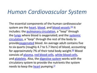 The essential components of the human cardiovascular
system are the heart, blood, and blood vessels.[5] It
includes: the pulmonary circulation, a "loop" through
the lungs where blood is oxygenated; and the systemic
circulation, a "loop" through the rest of the body to
provideoxygenated blood. An average adult contains five
to six quarts (roughly 4.7 to 5.7 liters) of blood, accounting
for approximately 7% of their total body weight.[6] Blood
consists of plasma, red blood cells, white blood cells,
and platelets. Also, the digestive system works with the
circulatory system to provide the nutrients the system
needs to keep the heart pumping.[7
Human Cardiovascular System
 