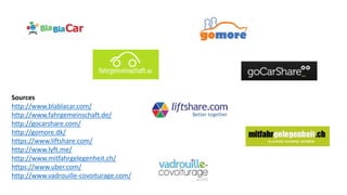 Sources
http://www.blablacar.com/
http://www.fahrgemeinschaft.de/
http://gocarshare.com/
http://gomore.dk/
https://www.liftshare.com/
http://www.lyft.me/
http://www.mitfahrgelegenheit.ch/
https://www.uber.com/
http://www.vadrouille-covoiturage.com/
 