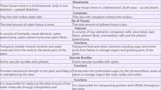 Movements
These tissues move in a Unidirectional. (only in one
direction – upward direction)
These tissues move in a Bidirectional. (both ways – up and down)
Comprises
They live with hollow dead cells. They live with cytoplasm without the nucleus.
No of Tissues
The total amount of xylem tissue is more. The total amount of phloem tissue is less.
Features
It consists of tracheids, vessel elements, xylem
parenchyma, xylem sclerenchyma and xylem fibres.
It consists of four elements: companion cells, sieve tubes, bast
fibres, phloem fibres, intermediary cells and the phloem
parenchyma.
Functions
Transports soluble mineral nutrients and water
molecules from the roots to the aerial parts of the
plant.
Transports food and other nutrients including sugar and amino
acids from leaves to storage organs and growing parts of the
plant.
Vascular Bundles
Forms vascular bundles with phloem. Forms vascular bundles with xylem.
Functions
Provides mechanical strength to the plant and helps in
in strengthening the stem.
Translocates the synthesized sugars by the photosynthetic areas of
plants to storage organs like roots, bulbs and tubers.
Functions
It is responsible for replacing the total amount of lost
water molecules through transpiration and
It is responsible for transporting proteins and mRNAs throughout
the plant.
 