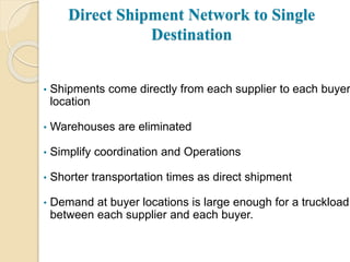 Direct Shipment Network to Single
Destination
• Shipments come directly from each supplier to each buyer
location
• Warehouses are eliminated
• Simplify coordination and Operations
• Shorter transportation times as direct shipment
• Demand at buyer locations is large enough for a truckload
between each supplier and each buyer.
 