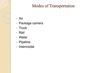 Modes of Transportation
• Air
• Package carriers
• Truck
• Rail
• Water
• Pipeline
• Intermodal
 
