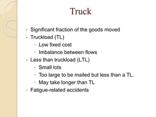 Truck
• Significant fraction of the goods moved
• Truckload (TL)
◦ Low fixed cost
◦ Imbalance between flows
• Less than truckload (LTL)
◦ Small lots
◦ Too large to be mailed but less than a TL.
◦ May take longer than TL
• Fatigue-related accidents
 
