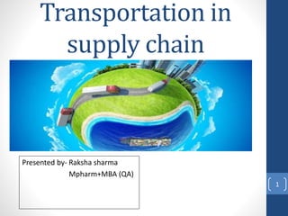 Transportation in
supply chain
Presented by- Raksha sharma
Mpharm+MBA (QA)
1
 