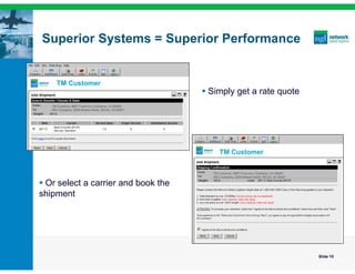 Superior Systems = Superior Performance


      TM Customer
                                                        Simply get a rate quote
   TM Customer, 9897 Frost Ave, CityName, CA 90009
   REC Company, 6259 Breeze Street, RECity, AZ 80001




                                                              TM Customer

                                                          TM Customer, 9897 Frost Ave, CityName, CA 90009
                                                          REC Company, 6259 Breeze Street, RECity, AZ 80001

 Or select a carrier and book the
shipment




                                                                                                              Slide 10
 