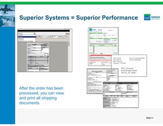 Superior Systems = Superior Performance




                              SHIP FROM:           BOL No. NGL850065985
                              TM Customer          PO NO 058264823
                              9897 Frost Ave
                              CityName, CA 90009


                                         REC Company
                                         6259 Breeze Street
                                         RECity, AZ 80001




After the order has been
processed, you can view
and print all shipping
documents.


                                                                          Slide 11
 