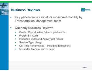Business Reviews

   Key performance indicators monitored monthly by
    Transportation Management team

   Quarterly Business Reviews
       Goals / Opportunities / Accomplishments
       Freight Bill Audit
       Inbound / Outbound Activity per month
       Service Type Usage
       On Time Performance – Including Exceptions
       5-Quarter Trend of above data




                                                      Slide 15
 