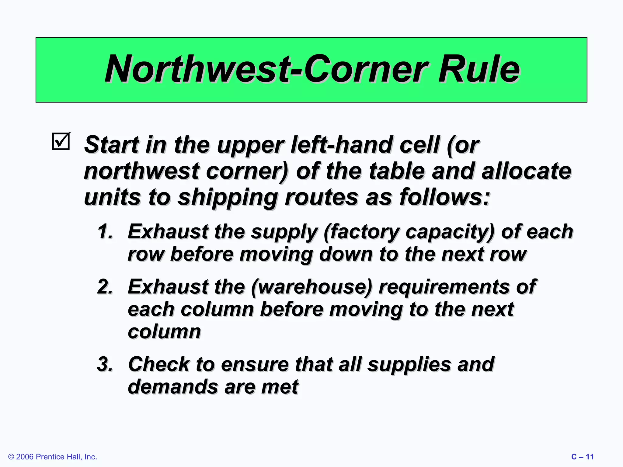 Northwest-Corner Rule
 Start in the upper left-hand cell (or
northwest corner) of the table and allocate
units to shipping routes as follows:
1. Exhaust the supply (factory capacity) of each
row before moving down to the next row
2. Exhaust the (warehouse) requirements of
each column before moving to the next
column
3. Check to ensure that all supplies and
demands are met

© 2006 Prentice Hall, Inc.

C – 11

 