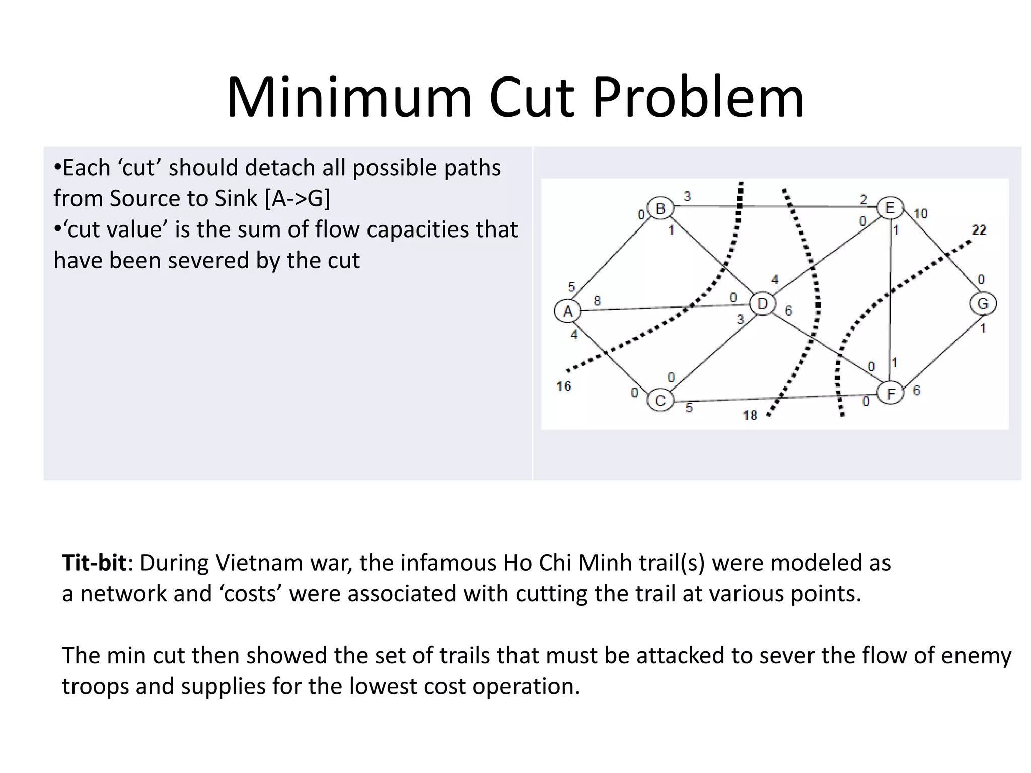 Minimum Cut Problem
•Each ‘cut’ should detach all possible paths
from Source to Sink [A->G]
•‘cut value’ is the sum of flow capacities that
have been severed by the cut




Tit-bit: During Vietnam war, the infamous Ho Chi Minh trail(s) were modeled as
a network and ‘costs’ were associated with cutting the trail at various points.

The min cut then showed the set of trails that must be attacked to sever the flow of enemy
troops and supplies for the lowest cost operation.
 