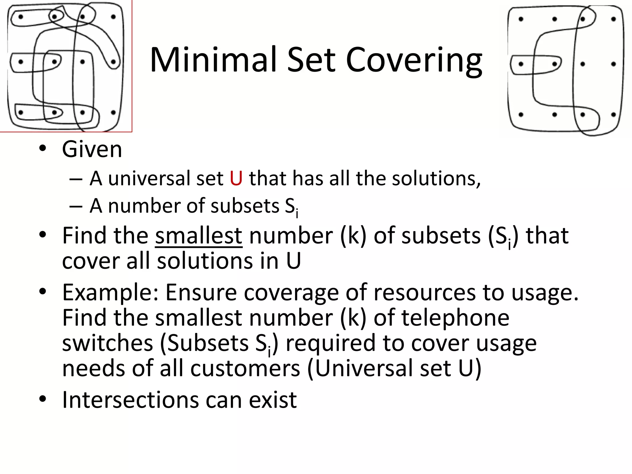 Minimal Set Covering


• Given
   – A universal set U that has all the solutions,
   – A number of subsets Si
• Find the smallest number (k) of subsets (Si) that cover all
  solutions in U
• Example: Ensure coverage of resources to usage. Find the
  smallest number (k) of telephone switches (Subsets Si)
  required to cover usage needs of all customers (Universal set
  U)
• Intersections can exist
 