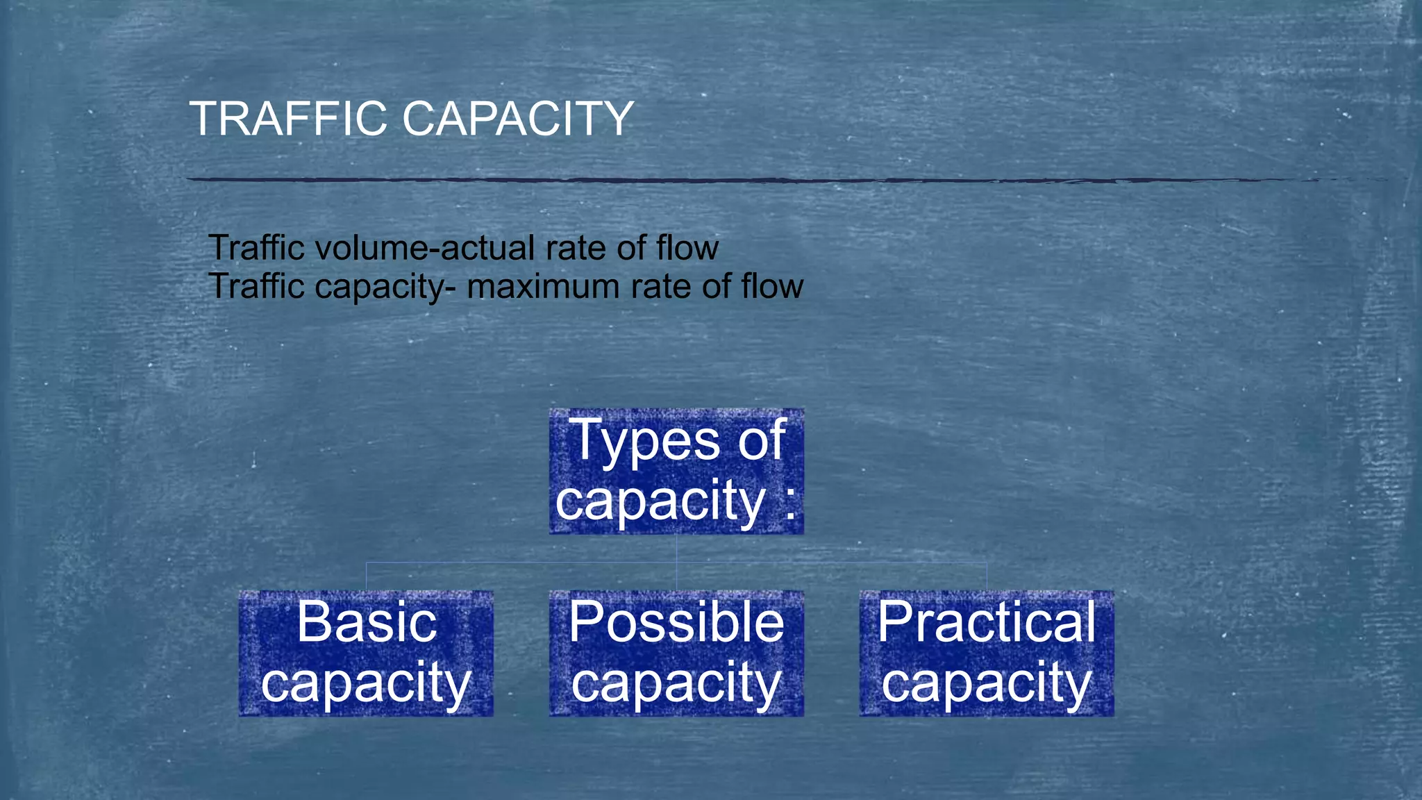 TRAFFIC CAPACITY
Traffic volume-actual rate of flow
Traffic capacity- maximum rate of flow
Types of
capacity :
Basic
capacity
Possible
capacity
Practical
capacity
 