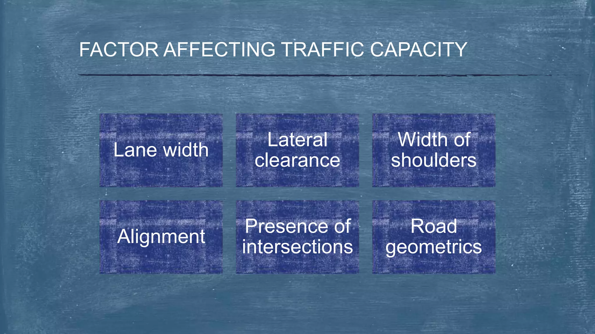 FACTOR AFFECTING TRAFFIC CAPACITY
Lane width
Lateral
clearance
Width of
shoulders
Alignment
Presence of
intersections
Road
geometrics
 