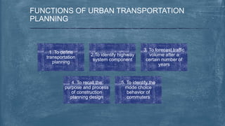 FUNCTIONS OF URBAN TRANSPORTATION
PLANNING
1. To define
transportation
planning
2.To identify highway
system component
3. To forecast traffic
volume after a
certain number of
years
4. To recall the
purpose and process
of construction
planning design
5. To identify the
mode choice
behavior of
commuters
 
