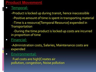 Product Movement
 Temporal:
-Product is locked up during transit, hence inaccessible
-Positive amount of time is spent in transporting material
-Time is a resource[Temporal Resource] expended in
Transportation
-During the time product is locked up costs are incurred
in proportion of time
 Financial:
-Administration costs, Salaries, Maintenance costs are
expended
 Environmental:
Fuel costs are high[Creates air
pollution, congestion, Noise pollution
 