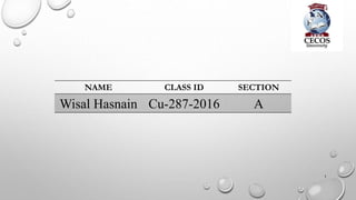 1
NAME CLASS ID SECTION
Wisal Hasnain Cu-287-2016 A
 