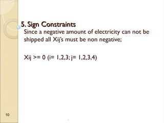 .
10
5. Sign Constraints
5. Sign Constraints
Since a negative amount of electricity can not be
shipped all Xij’s must be non negative;
Xij >= 0 (i= 1,2,3; j= 1,2,3,4)
 