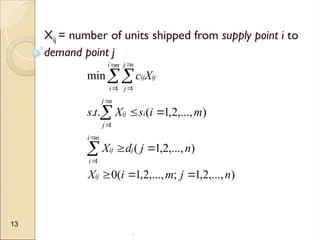.
13
Xij = number of units shipped from supply point i to
demand point j
)
,...,
2
,
1
;
,...,
2
,
1
(
0
)
,...,
2
,
1
(
)
,...,
2
,
1
(
.
.
min
1
1
1 1
n
j
m
i
X
n
j
d
X
m
i
s
X
t
s
X
c
ij
m
i
i
j
ij
n
j
j
i
ij
m
i
i
n
j
j
ij
ij


















 