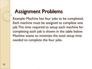 .
42
Assignment Problems
Assignment Problems
Example: Machine has four jobs to be completed.
Each machine must be assigned to complete one
job.The time required to setup each machine for
completing each job is shown in the table below.
Machine wants to minimize the total setup time
needed to complete the four jobs.
 