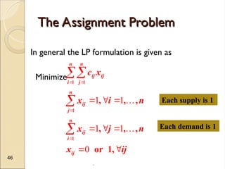 .
46
The Assignment Problem
The Assignment Problem
In general the LP formulation is given as
Minimize 1 1
1
1
1 1
1 1
0
, , ,
, , ,
or 1,
n n
ij ij
i j
n
ij
j
n
ij
i
ij
c x
x i n
x j n
x ij
 


  
  
 





Each supply is 1
Each demand is 1
 