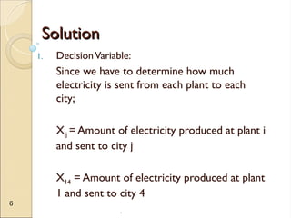 .
6
Solution
Solution
1. DecisionVariable:
Since we have to determine how much
electricity is sent from each plant to each
city;
Xij = Amount of electricity produced at plant i
and sent to city j
X14 = Amount of electricity produced at plant
1 and sent to city 4
 