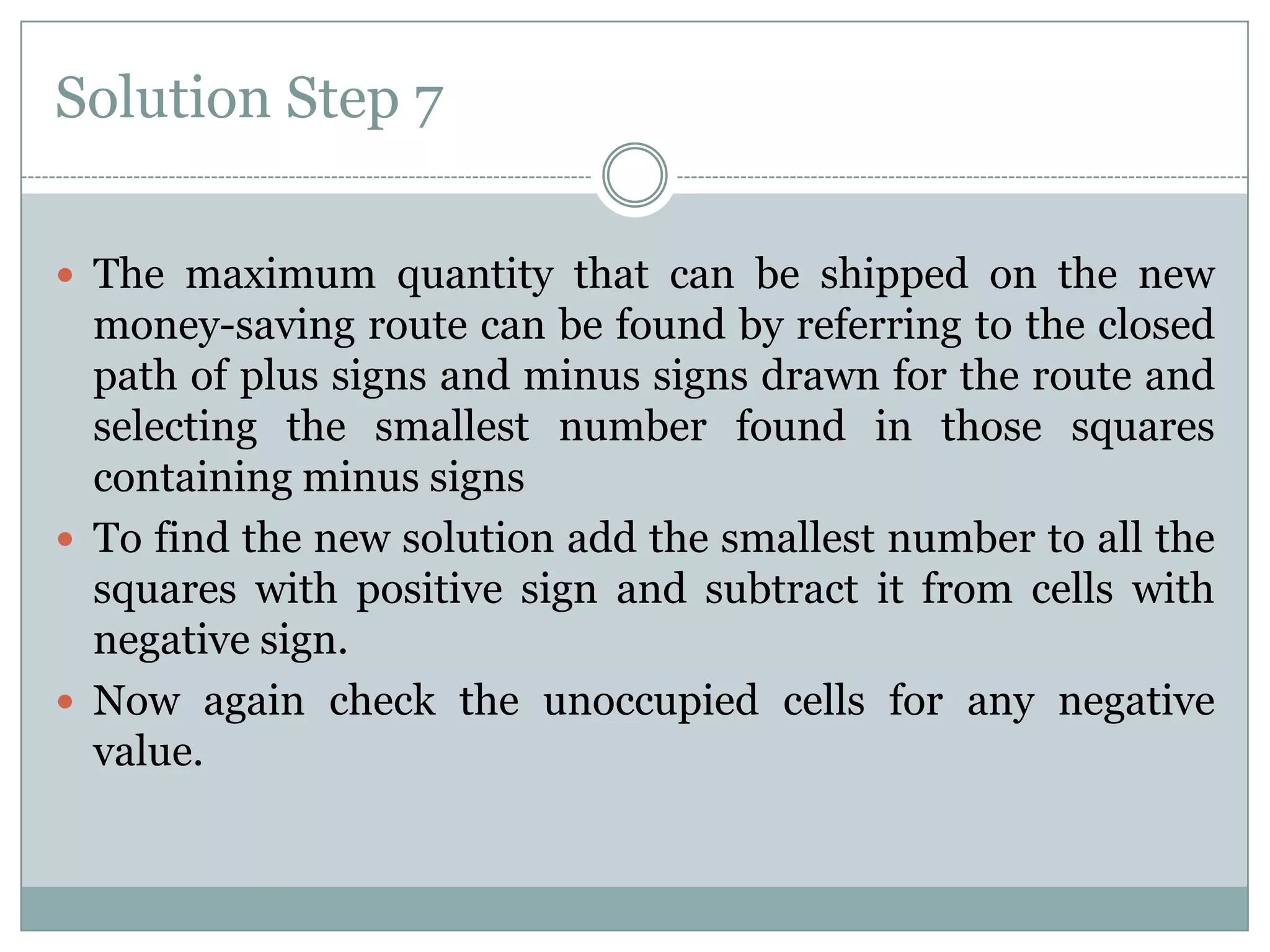 Solution Step 7
 The maximum quantity that can be shipped on the new

money-saving route can be found by referring to the closed
path of plus signs and minus signs drawn for the route and
selecting the smallest number found in those squares
containing minus signs
 To find the new solution add the smallest number to all the
squares with positive sign and subtract it from cells with
negative sign.
 Now again check the unoccupied cells for any negative
value.

 