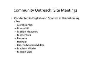 Community Outreach: Site Meetings
• Conducted in English and Spanish at the following
  sites
  –   Alamosa Park
  –   Breeze Hill
  –   Mission Meadows
  –   Monte Vista
  –   Empresa
  –   Hannalei
  –   Rancho Minerva Middle
  –   Madison Middle
  –   Mission Vista
 