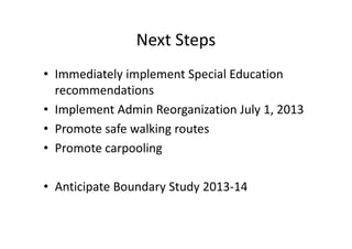Next Steps
• Immediately implement Special Education
  recommendations
• Implement Admin Reorganization July 1, 2013
• Promote safe walking routes
• Promote carpooling

• Anticipate Boundary Study 2013-14
 