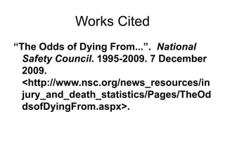 Works Cited“The Odds of Dying From...”.  National Safety Council. 1995-2009. 7 December 2009. <http://www.nsc.org/news_resources/injury_and_death_statistics/Pages/TheOddsofDyingFrom.aspx>.