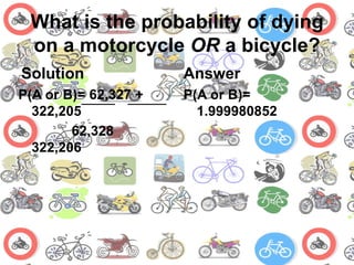 What is the probability of dying on a motorcycle OR a bicycle?SolutionP(A or B)= 62,327 + 322,205              62,328   322,206AnswerP(A or B)= 1.999980852