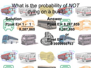 What is the probability of NOT dying on a bus?SolutionP(not E)= 1 -   1              8,287,860AnswerP(not E)= 8,287,859            8,287,860			orP(not E)= 0.9999998793