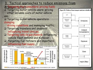 3. Tactical approaches to reduce emissions from
transportation
 Targeting fuel consumers: pricing fuels.
 Targeting motor vehicle users: pricing
  other variable costs of motor vehicle
use.
 Targeting motor vehicle operators:
changing
  driving conditions and managing traffic.
 Targeting travelers and shippers:
   influencing travel choices.
 Targeting vehicle purchasers: influencing
   vehicle fleet demand and turnover.
 Targeting fuel refiners and importers:
   influencing fuel supply.
 Targeting the general public: influencing
   public attitudes towards transportation.
 